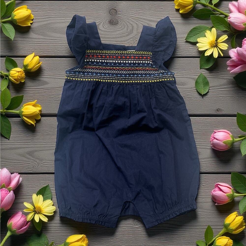 NWT Baby Gap Romper Flutter Sleeve colorful‎ Embroidered 12-18M Navy blue